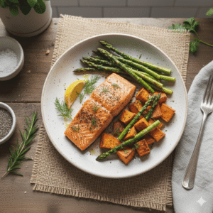 Baked Salmon with Roasted Asparagus & Sweet Potato